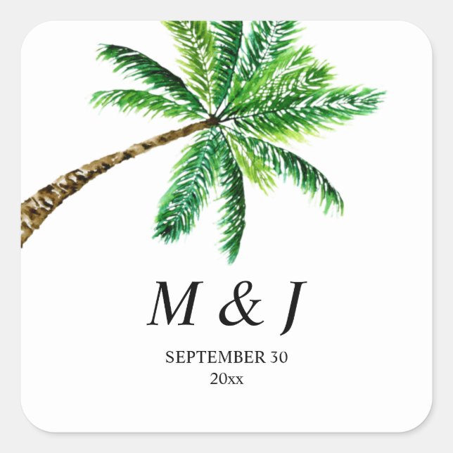 Tropical Summer Palm Tree Monogram Square Sticker (Front)