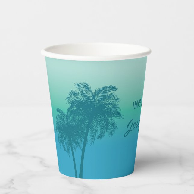 Tropical Summer Palm Trees Aqua Blue Sky Birthday Paper Cups (Front)