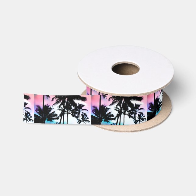 Tropical Summer Palm Trees Pink Blue Sunset Sky Satin Ribbon (Spool)