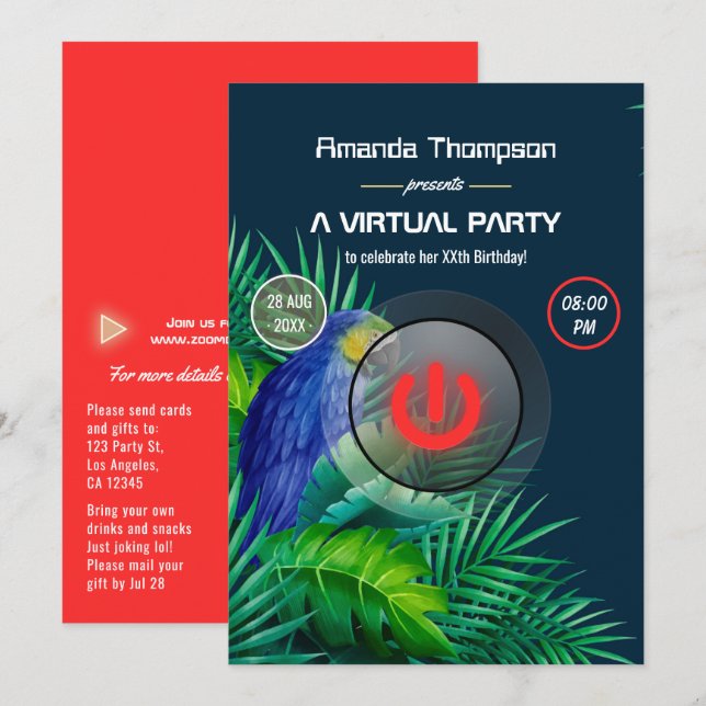 Tropical Summer Parrot Virtual Birthday Party Invitation (Front/Back)