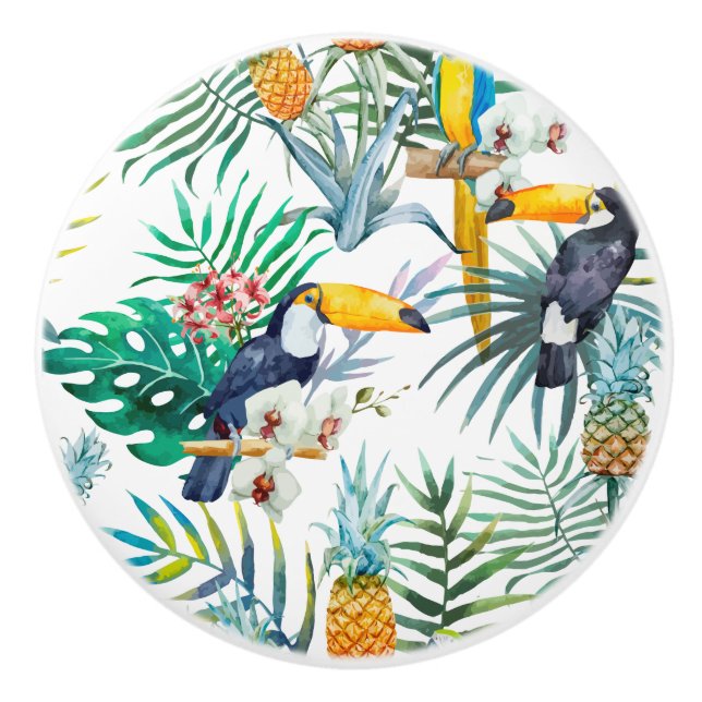 Tropical summer Pineapple Parrot Bird watercolor Ceramic Knob (Front)