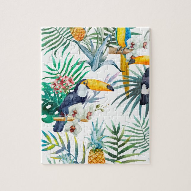 Tropical summer Pineapple Parrot Bird watercolor Jigsaw Puzzle (Vertical)