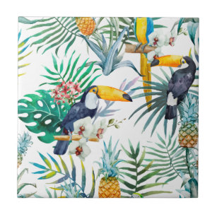 Tropical summer Pineapple Parrot Bird watercolor Tile