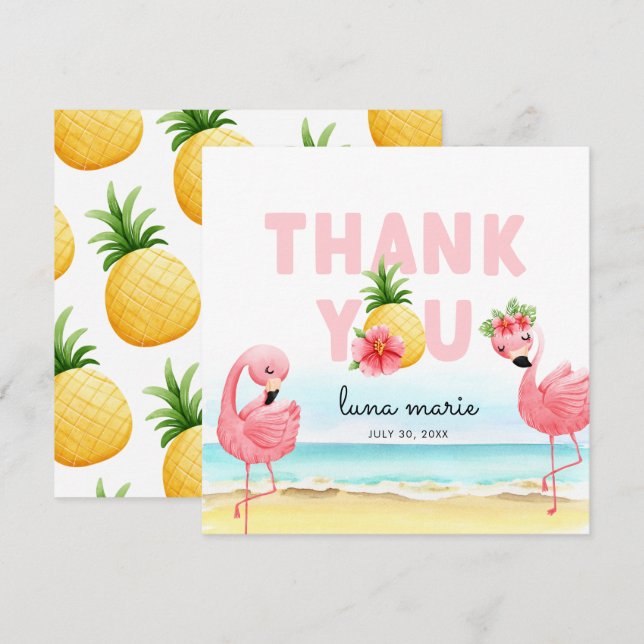 Tropical Summer Pink Flamingo Birthday Flat Thank You Card (Front/Back)