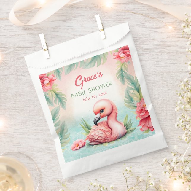 Tropical Summer Pink Flamingo Girl Baby Shower Favour Bag (Clipped)