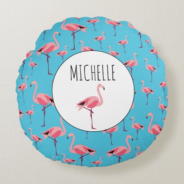Tropical Summer Pink Flamingo Pattern Round Pillow (Front)