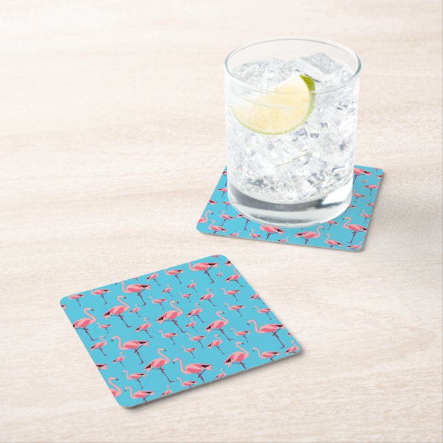 Tropical Summer Pink Flamingo Pattern Square Paper Coaster (Insitu)