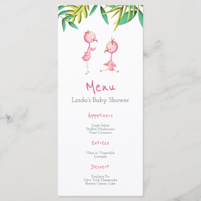 Tropical Summer Pink Flamingos Twins Baby Shower M Menu (Front)