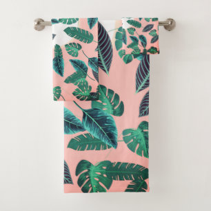 Tropical Summer Pink Green Leaves Sunset Pattern Bath Towel Set