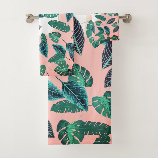 Tropical Summer Pink Green Leaves Sunset Pattern Bath Towel Set (Insitu)
