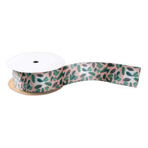 Tropical Summer Pink Green Leaves Sunset Pattern Satin Ribbon