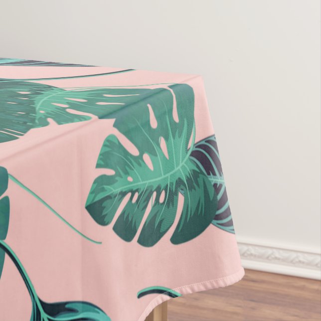 Tropical Summer Pink Green Leaves Sunset Pattern Tablecloth (In Situ)
