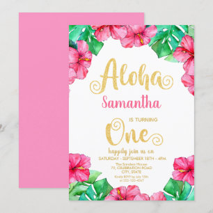 Tropical Summer Pink Hibiscus 1st Birthday   Invitation