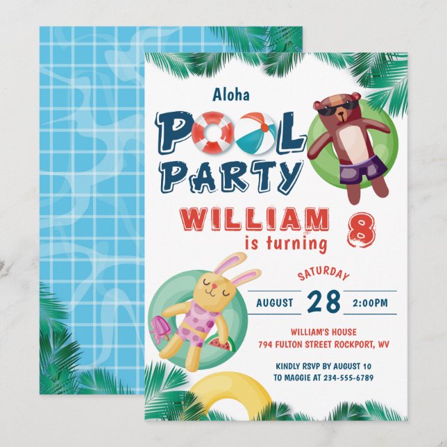 Tropical Summer Pool Party Birthday Invitation (Front/Back)