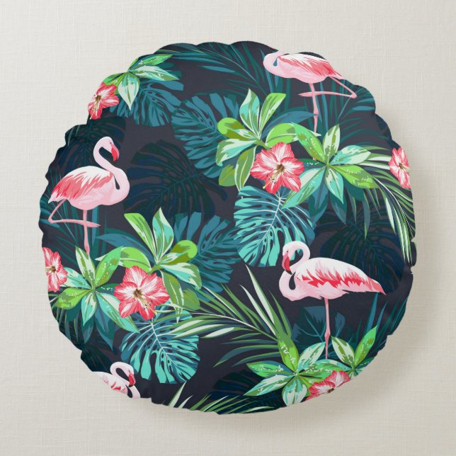 Tropical summer seamless pattern with flamingo bir round pillow (Front)