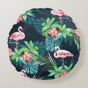 Tropical summer seamless pattern with flamingo bir round pillow