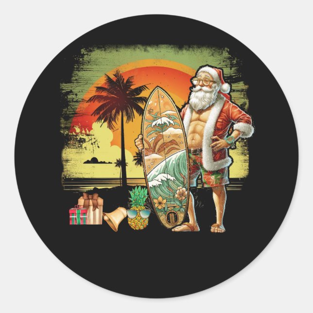 Tropical Summer Surfing Santa Claus 6 Pack Christm Classic Round Sticker (Front)