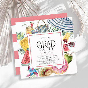 Tropical Summer Umbrella Doughnut Pink Graduation Invitation