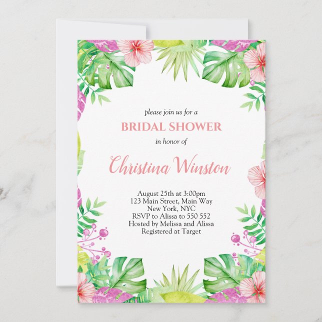 Tropical Summer Watercolor Bridal Shower Invitation (Front)