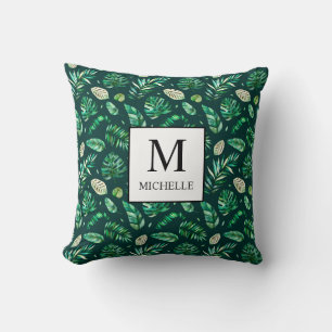 Tropical summer watercolor palm leaves monogram throw pillow