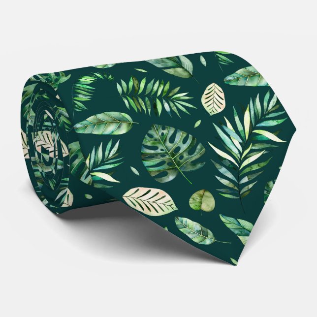 Tropical summer watercolor palm leaves tie (Rolled)