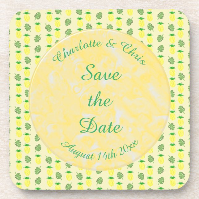 Tropical Summer Wedding Pineapple and Palm Leaves Coaster (Front)