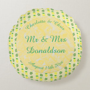 Tropical Summer Wedding Pineapple and Palm Leaves Round Pillow
