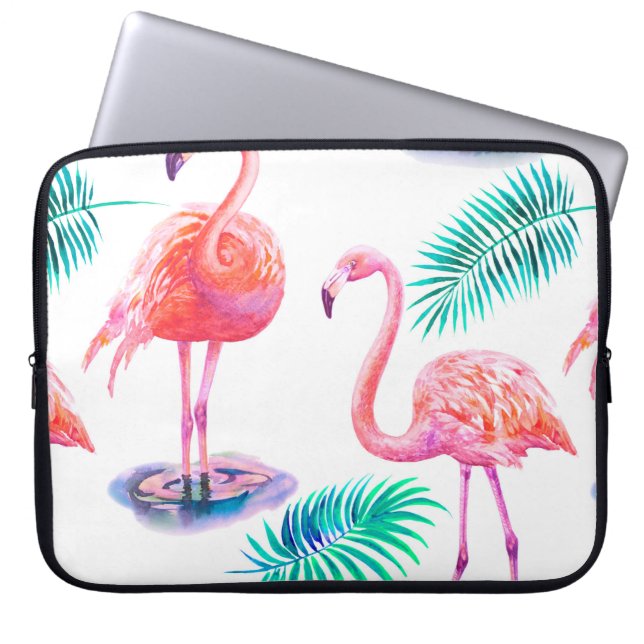 Tropical summer with flamingos palm leaves and exo laptop sleeve (Front)