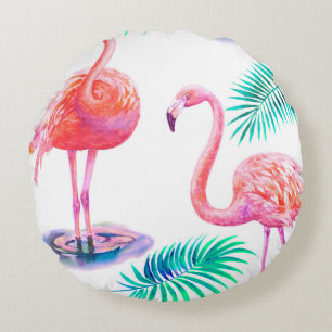 Tropical summer with flamingos palm leaves and exo round pillow