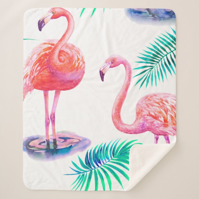 Tropical summer with flamingos palm leaves and exo sherpa blanket (Front)