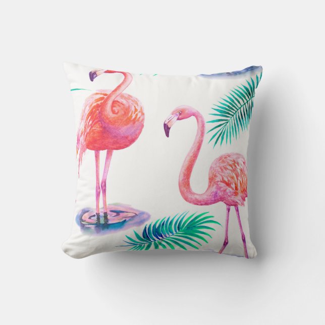 Tropical summer with flamingos palm leaves and exo throw pillow (Front)