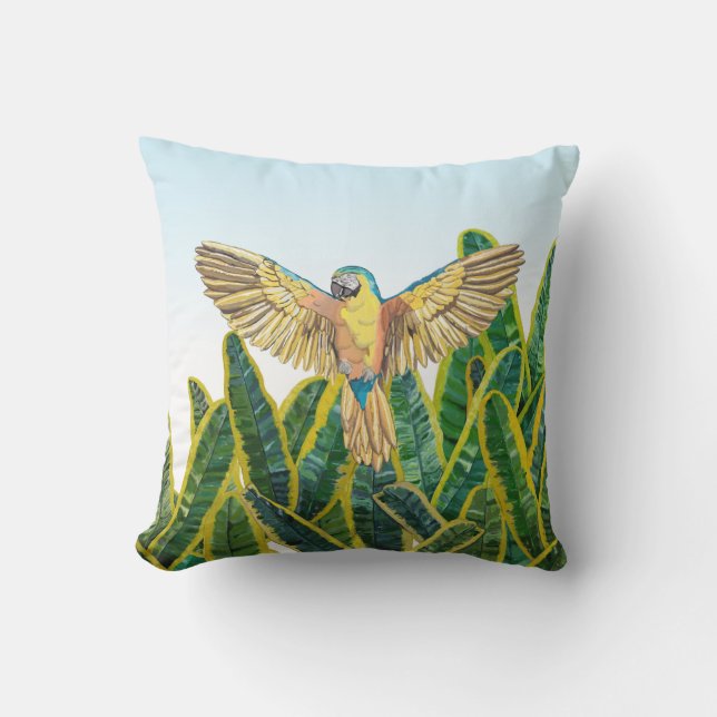 Tropical Summer Yellow Parrot Bird Banana Leaves Outdoor Pillow (Front)