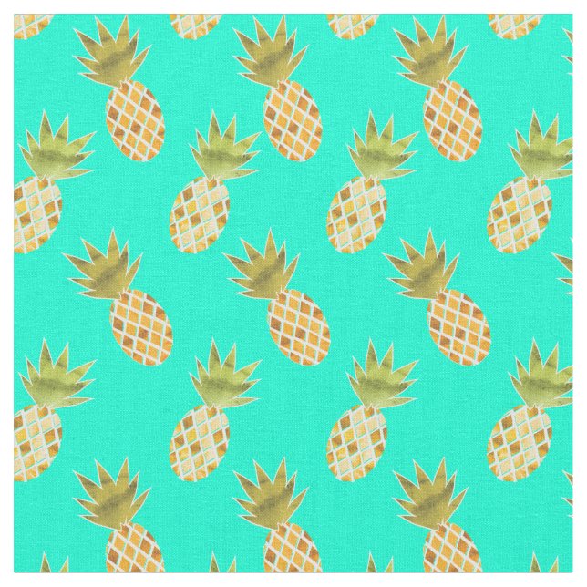 Tropical Summertime Watercolor Pineapple Pattern Fabric (Close Up)