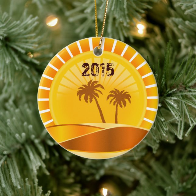 Tropical Sunburst, Palm Trees Beach Personalized Ceramic Ornament (Tree)