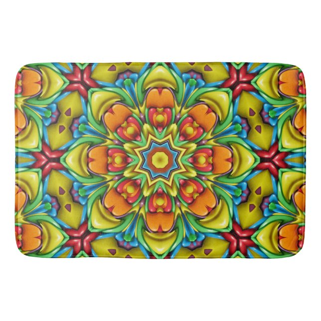 Tropical Sunburst Vintage Fractal Kaleidoscope Bath Mat (Front)