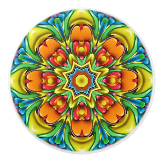 Tropical Sunburst Vintage Fractal Kaleidoscope Ceramic Knob (Front)