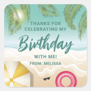 Tropical Sunny Teal Beach Sand Birthday Thank You Square Sticker