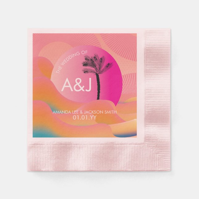 Tropical Sunrise Bold Pink Orange White Wedding Napkin (Front)