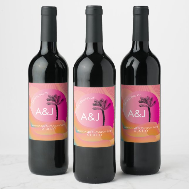 Tropical Sunrise Bold Pink Orange White Wedding   Wine Label (Bottles)