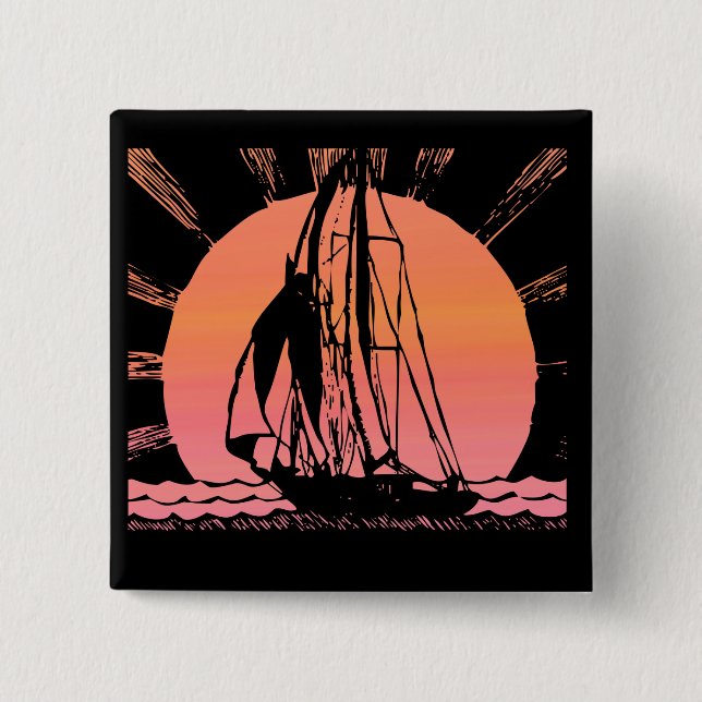 tropical sunrise sunset ship 2 inch square button (Front)