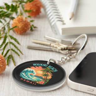 Tropical Sunset at Waikiki Beach Hawaii Keychain