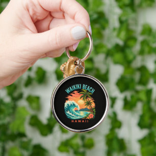 Tropical Sunset at Waikiki Beach Hawaii Keychain