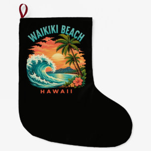 Tropical Sunset at Waikiki Beach Hawaii Large Christmas Stocking