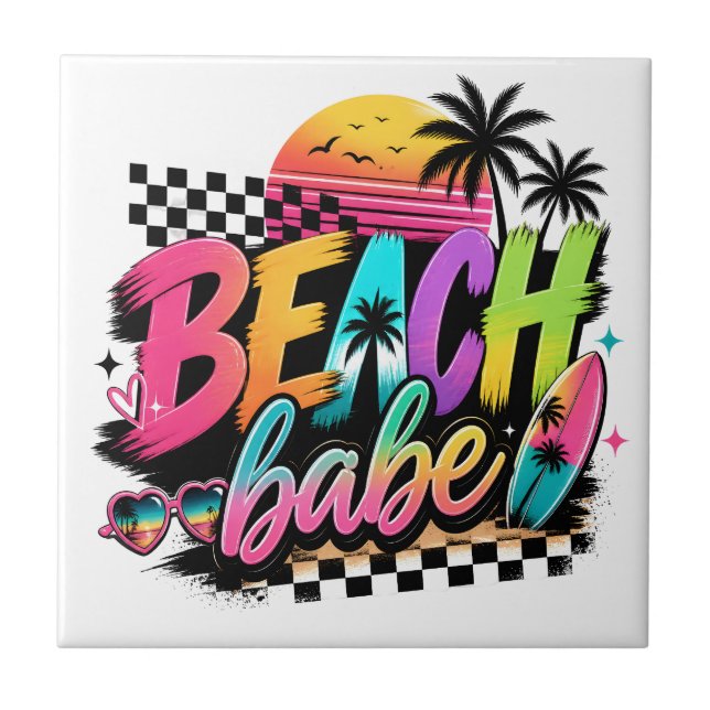 Tropical Sunset Beach Babe Quote Retro Art Design Tile (Front)