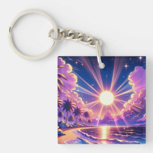 Tropical Sunset Beach Fantasy Painting Keychain