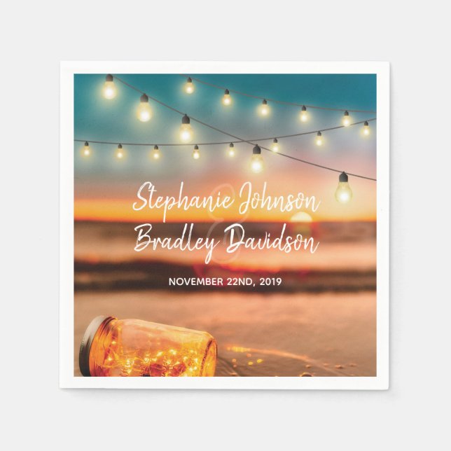 Tropical Sunset Beach Mason Jar Lights Wedding Napkin (Front)
