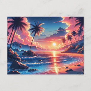 Tropical Sunset Beach Painting Postcard
