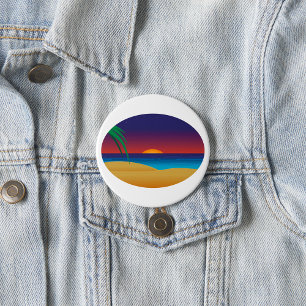Tropical Sunset Beach Palm Leaves Ocean Waves 3 Inch Round Button