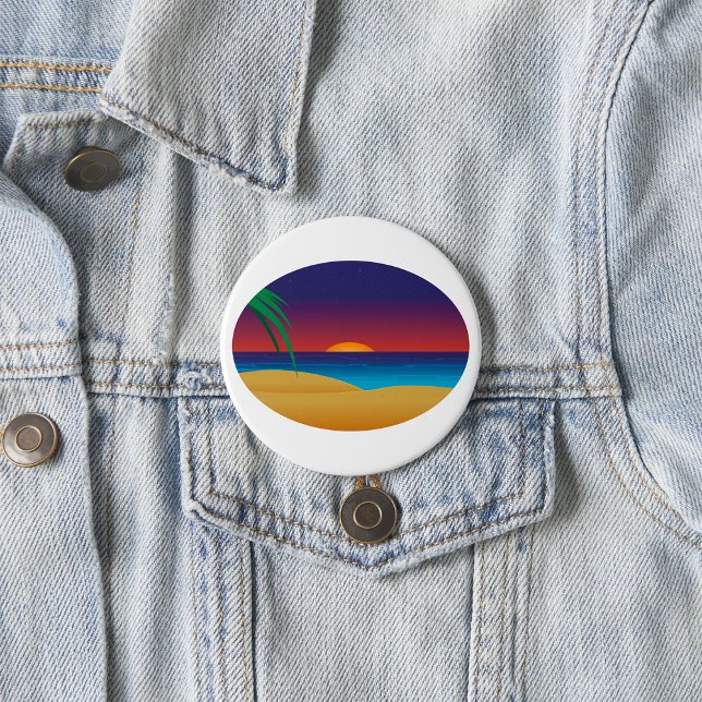 Tropical Sunset Beach Palm Leaves Ocean Waves 3 Inch Round Button (Creator Uploaded)