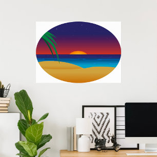 Tropical Sunset Beach Palm Leaves Ocean Waves Poster